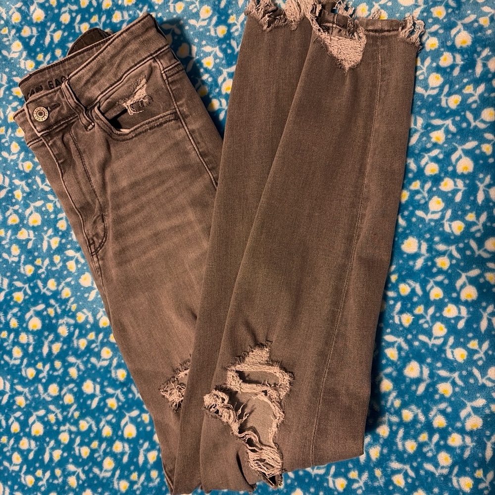 American Eagle Outfitters grey Distressed Straight Leg Jeans